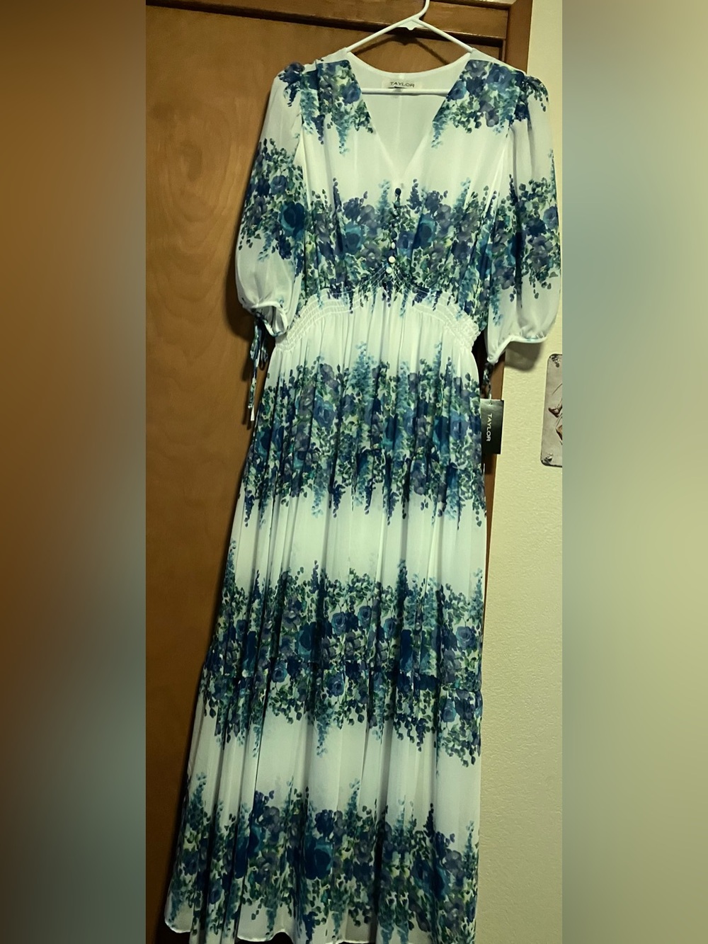 Taylor White and Blue Floral Maxi Dress